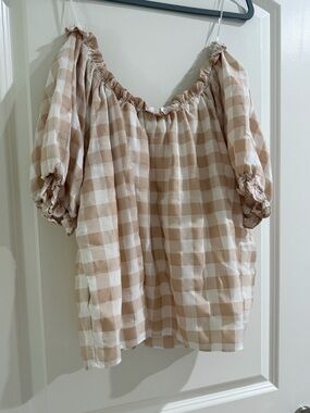 English Factory Beige & White Gingham Off-Shoulder Top